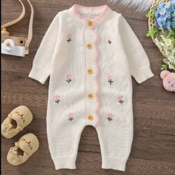 Other - Baby Girls White Pink Floral Sweater Romper